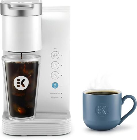 صانع القهوة من Keurigk K-Quared ، ومثلجًا ، مثلما يكون هناك صانع خمر KCUP أحادي الخدمات الساخنة مع خزان قابل للإزالة وتوليته ، ويشمل كفاءة في استخدام الطاقة ، بهلال k المثلج ، والضغوط ، والأبيض in Kuwait