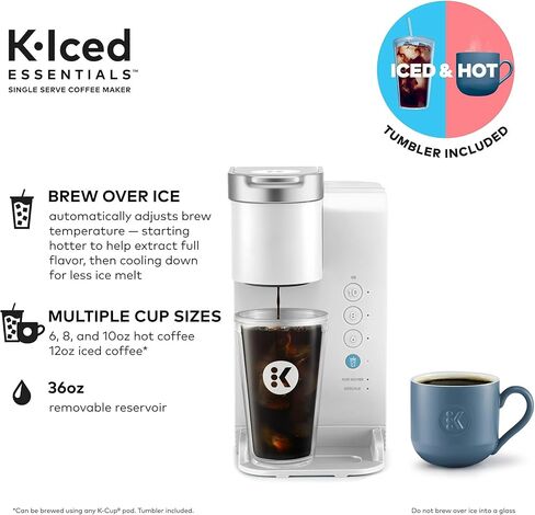 صانع القهوة من Keurigk K-Quared ، ومثلجًا ، مثلما يكون هناك صانع خمر KCUP أحادي الخدمات الساخنة مع خزان قابل للإزالة وتوليته ، ويشمل كفاءة في استخدام الطاقة ، بهلال k المثلج ، والضغوط ، والأبيض in Kuwait