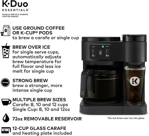 K-Duo Essentials, Hot & Iced Single-Serve Pod Coffee Maker & Carafe, 72 Oz Reservoir, Multiple Brew Sizes, Strong Brew Feature, Perfect for Hot and Iced Coffee (BLACK) in Saudi Arabia
