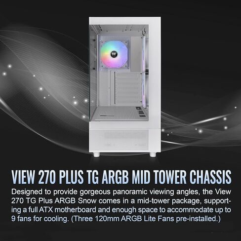 Thermaltake View 270 Plus TG Argb Snow Mid Tower E-ATX. 3x120mm المشجعين argb. دعم ما يصل إلى 360 ملم المبرد. اللوحة الزجاجية المزدوجة الأمامية والجانب ؛ CA-1Y7-00M6WN-AZ ؛ ضمان 3 سنوات in Kuwait