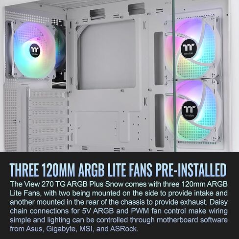 Thermaltake View 270 Plus TG Argb Snow Mid Tower E-ATX. 3x120mm المشجعين argb. دعم ما يصل إلى 360 ملم المبرد. اللوحة الزجاجية المزدوجة الأمامية والجانب ؛ CA-1Y7-00M6WN-AZ ؛ ضمان 3 سنوات in Kuwait