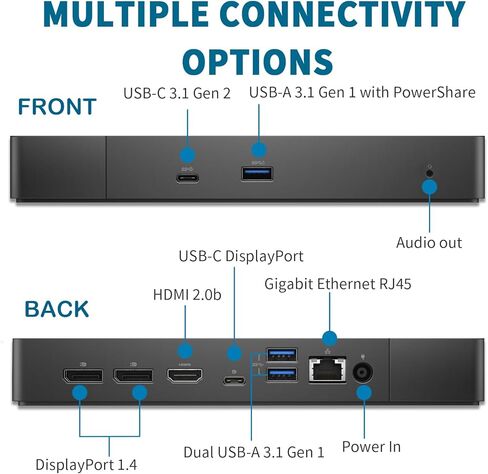 Dell WD19 180W محطة الإرساء ، HDMI/مزدوج DisplayPort ، محطة دلوب Dell مع توصيل الطاقة 130W ، دعم مراقب مزدوج ، حزمة مع محول 180W ، كابلات HDMI/DP (متجددة) in Saudi Arabia