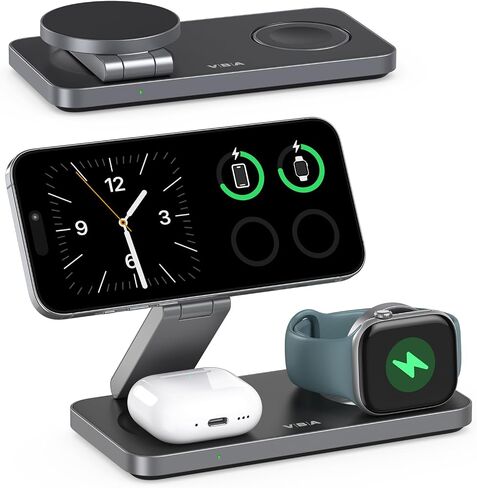 VBA 3 in 1 Wireless Charging Station for Apple MagSafe Charger,Foldable Fast Charging Magnetic Wireless Charger Stand,Travel Charger for iPhone 16 15 14 13 12,Apple Watch,AirPods Pro(White) in Kuwait