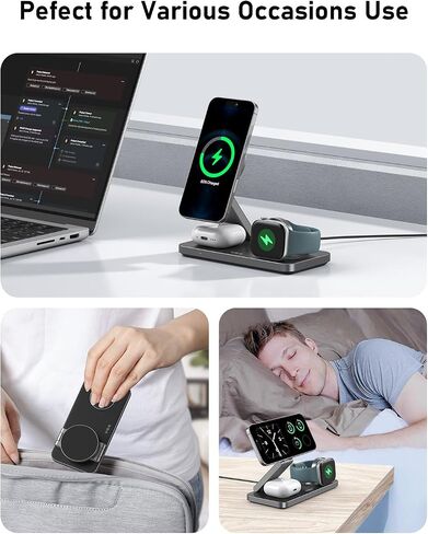 VBA 3 in 1 Wireless Charging Station for Apple MagSafe Charger,Foldable Fast Charging Magnetic Wireless Charger Stand,Travel Charger for iPhone 16 15 14 13 12,Apple Watch,AirPods Pro(White) in Kuwait