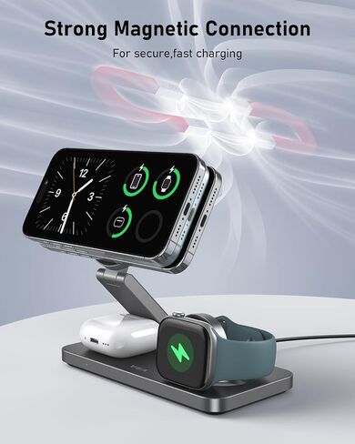 VBA 3 in 1 Wireless Charging Station for Apple MagSafe Charger,Foldable Fast Charging Magnetic Wireless Charger Stand,Travel Charger for iPhone 16 15 14 13 12,Apple Watch,AirPods Pro(White) in Kuwait