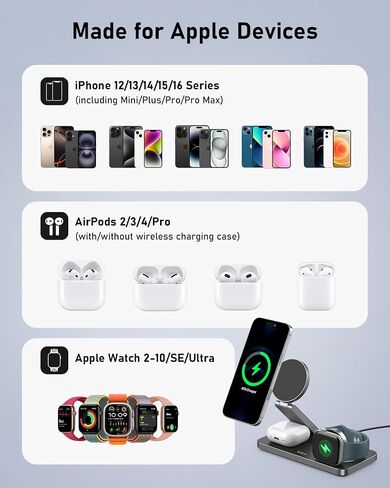 VBA 3 in 1 Wireless Charging Station for Apple MagSafe Charger,Foldable Fast Charging Magnetic Wireless Charger Stand,Travel Charger for iPhone 16 15 14 13 12,Apple Watch,AirPods Pro(White) in Kuwait