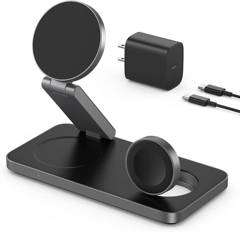 VBA 3 in 1 Wireless Charging Station for Apple MagSafe Charger,Foldable Fast Charging Magnetic Wireless Charger Stand,Travel Charger for iPhone 16 15 14 13 12,Apple Watch,AirPods Pro(White) in Kuwait