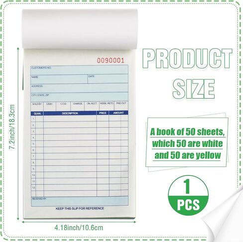 Pads Sales Order Book 2 Part Carbonless (White/Canary Yellow) Receipt Books with Carbon Copies Cover Receipt Form Invoice 50 Sets Per Book (4.18 x 7.2 Inch/ 10.6 x 18.3 Cm)(24 Pads) in Saudi Arabia