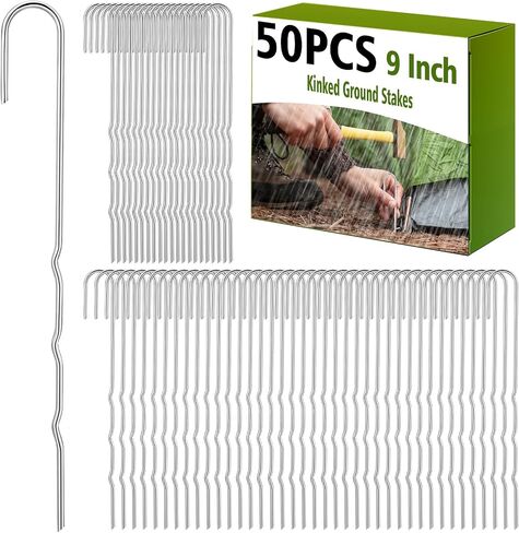 50 Pcs Kinked Ground Stakes 9 Inch Metal Garden Fence Edging Hook Heavy Duty J Shaped Galvanized Tent Fence Spikes for Dogs Digging Outdoor Awning Canopy Tarpaulin in Saudi Arabia