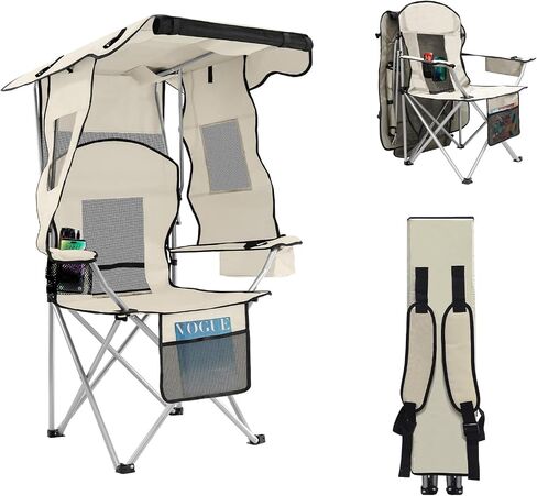 ptlsy Folding Camping Chair with Canopy, Beach Chair with Canopy Shade with Cup Holders, Cooler Bag for Camping, Fishing, Beach, Sports and Concert (White) in Kuwait