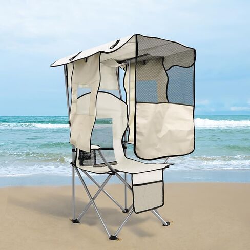 ptlsy Folding Camping Chair with Canopy, Beach Chair with Canopy Shade with Cup Holders, Cooler Bag for Camping, Fishing, Beach, Sports and Concert (White) in Kuwait