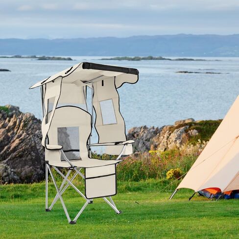 ptlsy Folding Camping Chair with Canopy, Beach Chair with Canopy Shade with Cup Holders, Cooler Bag for Camping, Fishing, Beach, Sports and Concert (White) in Kuwait