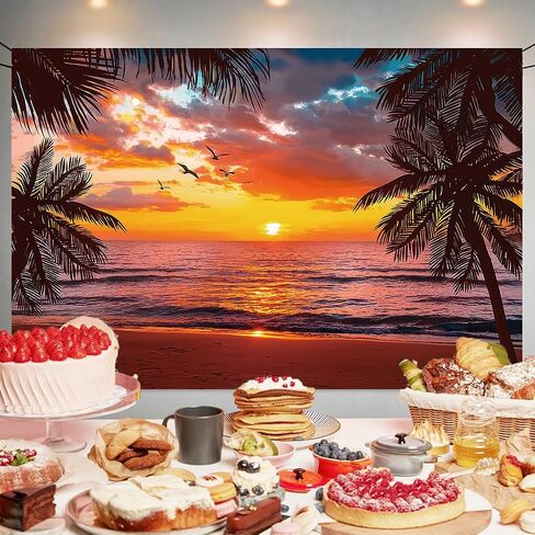Beach Sunset Glow Backdrop Seaside Coconut Palm Trees Wall Banner Hawaii Beach Photography Background for Birthday Party Baby Shower Decoration Supplies 70.8 x 47.2 Inch in Kuwait