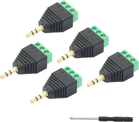 5Pcs 3.5mm Audio Terminal Block Connector, Gold Plated TS 2 Pole 1/8 inch Mono Male to 2 Pin Solderless Screw Terminal Female AUX Audio Adapter with Screwdriver in Saudi Arabia