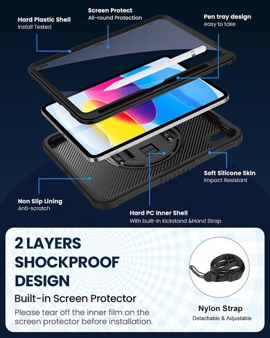 ZtotopCases for iPad (A16) 11th Generation 11 Inch 2025, iPad 10th Generation 10.9 inch 2022 with Screen Protector & 360° Rotate Hand Strap/Stand, Heavy Duty Case for iPad 11th 2025(A3354/A3355),Black in Saudi Arabia