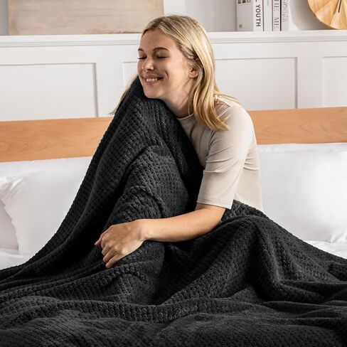 Exclusivo Mezcla Fleece Throw Blanket Extra Large, Super Soft and Warm Blankets for Couch, Sofa and Bed Waffle Textured, Cozy, Fuzzy and Lightweight (Black, 50x70 inches) in Kuwait