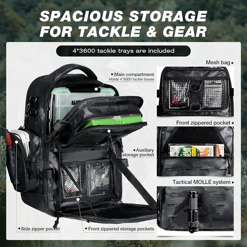 Ghosthorn Fishing Tackle Backpack with Removable Instant Workstation & 2 Rod Holders, Large Storage Water-resistant Bag Store 4 Tackle Boxes, Tackle Bag for Fishing Gear in Saudi Arabia