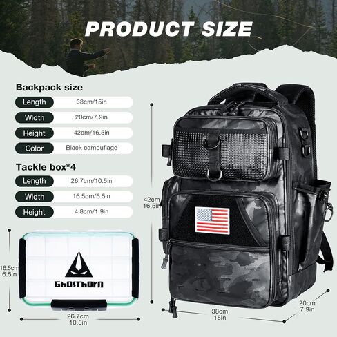 Ghosthorn Fishing Tackle Backpack with Removable Instant Workstation & 2 Rod Holders, Large Storage Water-resistant Bag Store 4 Tackle Boxes, Tackle Bag for Fishing Gear in Saudi Arabia