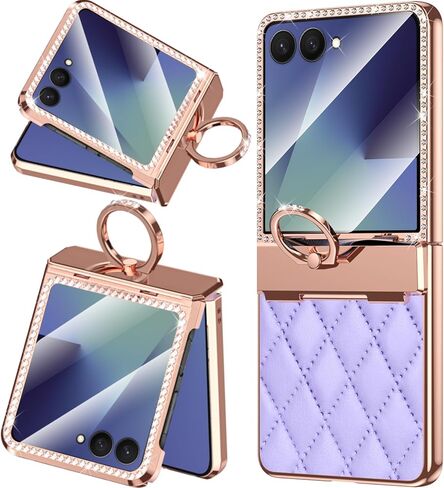 NINKI Finger Holder for Samsung Galaxy Z Flip 7 Leather Case with Hinge Protector, Luxury Sparkly Rhinestones Diamonds for Galaxy Flip 7 Cover with Ring Loop for Samsung Z Flip 7 Phone Case Women Red in Saudi Arabia