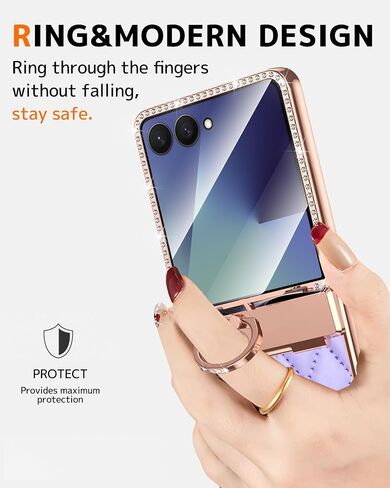 NINKI Finger Holder for Samsung Galaxy Z Flip 7 Leather Case with Hinge Protector, Luxury Sparkly Rhinestones Diamonds for Galaxy Flip 7 Cover with Ring Loop for Samsung Z Flip 7 Phone Case Women Red in Saudi Arabia