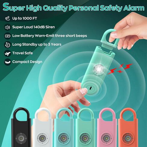 140dB Personal Safety Alarm for Women, 6 Pack Safe Alarm Protection Keychain with Strobe Light & Low Battery Notice, Security Siren Self Defense for Kids Seniors College Girls, Multicolor in Kuwait