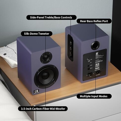مكبرات صوت H2 Bookshelf، ستيريو 60 وات، مشغل تسجيل/سماعات أجهزة الكمبيوتر، DSP، مكبر صوت من ألياف الكربون، مكبر صوت حريري، بصري/USB-C/AUX، بلوتوث 5.3، أزرق داكن in Kuwait