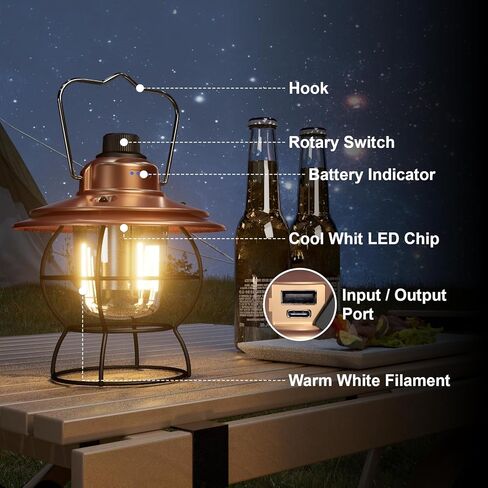 LED Camping Lantern Rechargeable Dimmable, Portable Vintage Outdoor Lantern 2700-6500K Waterproof, Hanging Retro Lamp Indoor Outdoor for Garden, Hiking, Emergency, Copper in Kuwait