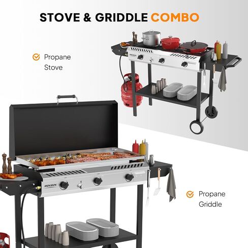 ROVSUN 3 Burner Outdoor Propane Gas Stove with Ignition, Regulator & Side Shelves, 225,000 BTU Rolling Gas Stove Outdoor Cooker for Backyard Patio Cooking Home Camping Brewing Canning Turkey Frying in Saudi Arabia
