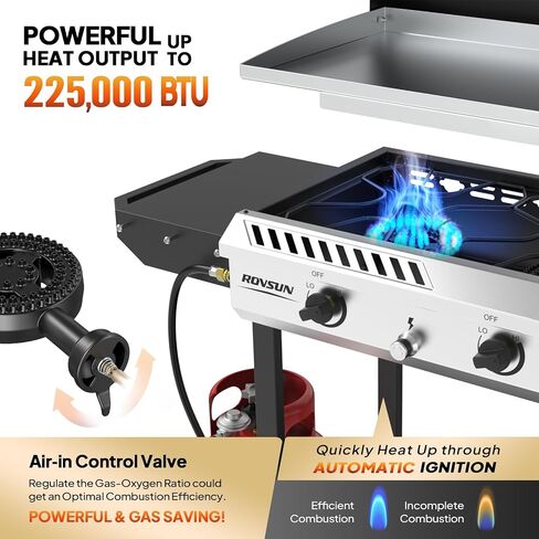 ROVSUN 3 Burner Outdoor Propane Gas Stove with Ignition, Regulator & Side Shelves, 225,000 BTU Rolling Gas Stove Outdoor Cooker for Backyard Patio Cooking Home Camping Brewing Canning Turkey Frying in Saudi Arabia