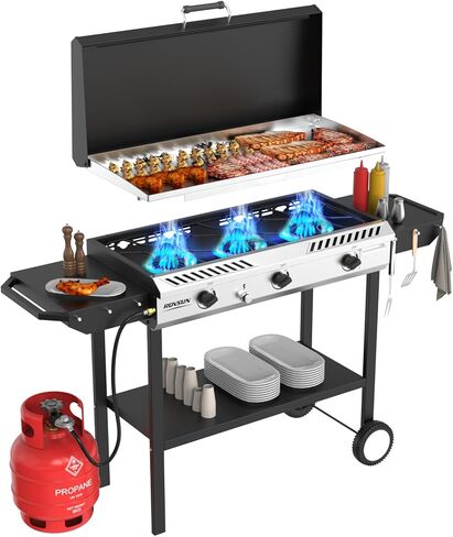 ROVSUN 3 Burner Outdoor Propane Gas Stove with Ignition, Regulator & Side Shelves, 225,000 BTU Rolling Gas Stove Outdoor Cooker for Backyard Patio Cooking Home Camping Brewing Canning Turkey Frying in Saudi Arabia