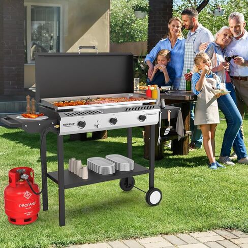 ROVSUN 3 Burner Outdoor Propane Gas Stove with Ignition, Regulator & Side Shelves, 225,000 BTU Rolling Gas Stove Outdoor Cooker for Backyard Patio Cooking Home Camping Brewing Canning Turkey Frying in Saudi Arabia