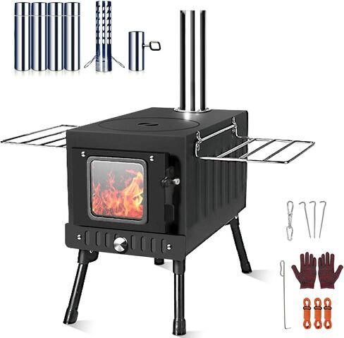 Wood Burning Stove,Tent Stove for Heating,Folding Portable Wood Stove for Tent,Cooking,Courtyard,Camping Stove include Chimney Pipes and Spark Arrestor, Black-LOGO in Kuwait