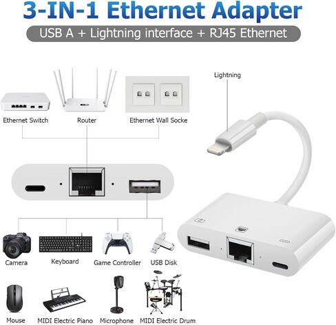 Lightning to RJ45 Ethernet Adapter Network Adapter, with Charge Port and USB Port Support USB Flash Drive/Keyboard/Mouse/Came, Plug and Play,Supports 100Mbps Ethernet Network in Saudi Arabia