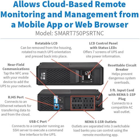 Eaton Tripp Lite Series SMART1500PSRTNC 1500VA Online Cloud-Connected Tower UPS Battery Backup & Surge Protector, 1050W, Pure Sine Wave, AVR, Computer Uninterruptible Power Supply Units in Saudi Arabia