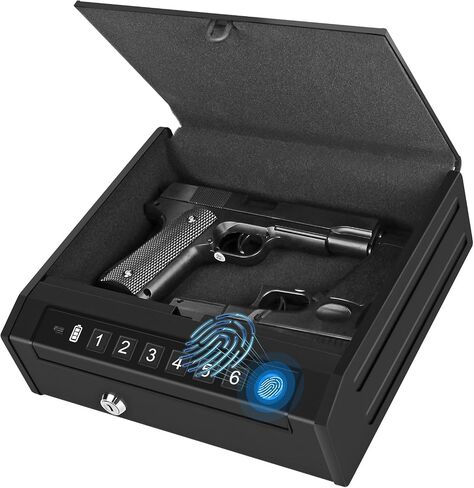 Gun Safe for Handguns, Biometric Pistol Safe, Fingeprint Gun Lock Box for Car, Bedside, Nightstand- Upgraded Keypad/Key Access,Silent Mode,Rugged Construction,Auto Open Lid (Black) in Saudi Arabia