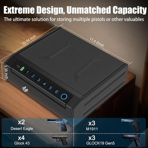Gun Safe for Handguns, Biometric Pistol Safe, Fingeprint Gun Lock Box for Car, Bedside, Nightstand- Upgraded Keypad/Key Access,Silent Mode,Rugged Construction,Auto Open Lid (Black) in Saudi Arabia