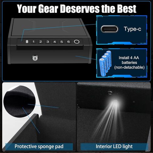 Gun Safe for Handguns, Biometric Pistol Safe, Fingeprint Gun Lock Box for Car, Bedside, Nightstand- Upgraded Keypad/Key Access,Silent Mode,Rugged Construction,Auto Open Lid (Black) in Saudi Arabia