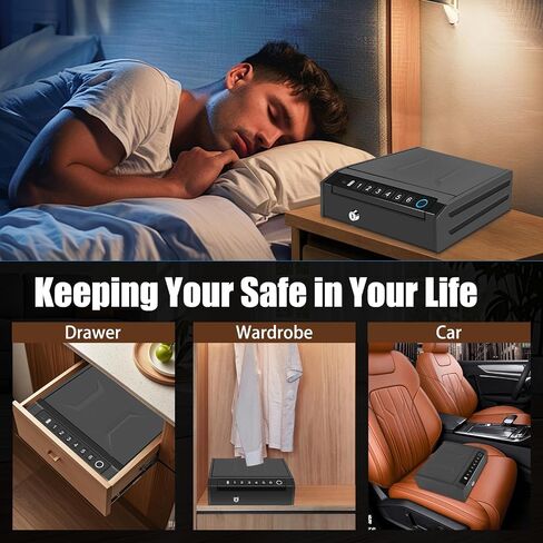 Gun Safe for Handguns, Biometric Pistol Safe, Fingeprint Gun Lock Box for Car, Bedside, Nightstand- Upgraded Keypad/Key Access,Silent Mode,Rugged Construction,Auto Open Lid (Black) in Saudi Arabia