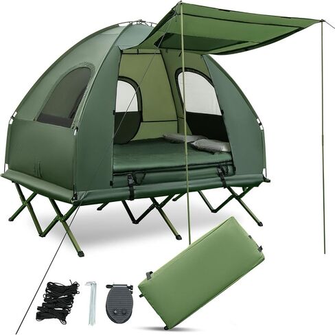 BANGTANE Tent Cot for Camping 2-Person, All-in-1 Folding Tent Combo w/Air Mattress, 2 Sleeping Bags, Carry Bag & Foot Pump, Off Ground Travel Cot for Hiking, Backpacking, Fishing & Picnic in Saudi Arabia
