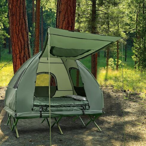 BANGTANE Tent Cot for Camping 2-Person, All-in-1 Folding Tent Combo w/Air Mattress, 2 Sleeping Bags, Carry Bag & Foot Pump, Off Ground Travel Cot for Hiking, Backpacking, Fishing & Picnic in Saudi Arabia
