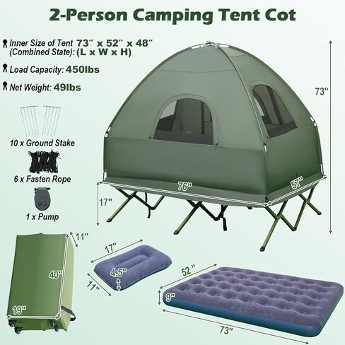 BANGTANE Tent Cot for Camping 2-Person, All-in-1 Folding Tent Combo w/Air Mattress, 2 Sleeping Bags, Carry Bag & Foot Pump, Off Ground Travel Cot for Hiking, Backpacking, Fishing & Picnic in Saudi Arabia