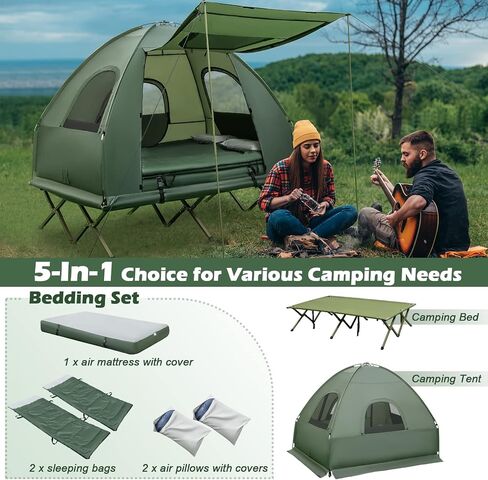 BANGTANE Tent Cot for Camping 2-Person, All-in-1 Folding Tent Combo w/Air Mattress, 2 Sleeping Bags, Carry Bag & Foot Pump, Off Ground Travel Cot for Hiking, Backpacking, Fishing & Picnic in Saudi Arabia