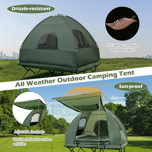 BANGTANE Tent Cot for Camping 2-Person, All-in-1 Folding Tent Combo w/Air Mattress, 2 Sleeping Bags, Carry Bag & Foot Pump, Off Ground Travel Cot for Hiking, Backpacking, Fishing & Picnic in Saudi Arabia