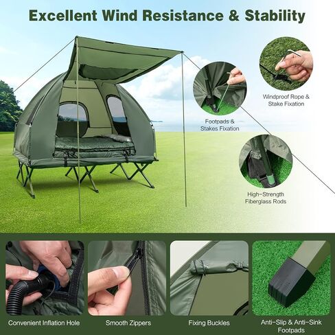 BANGTANE Tent Cot for Camping 2-Person, All-in-1 Folding Tent Combo w/Air Mattress, 2 Sleeping Bags, Carry Bag & Foot Pump, Off Ground Travel Cot for Hiking, Backpacking, Fishing & Picnic in Saudi Arabia