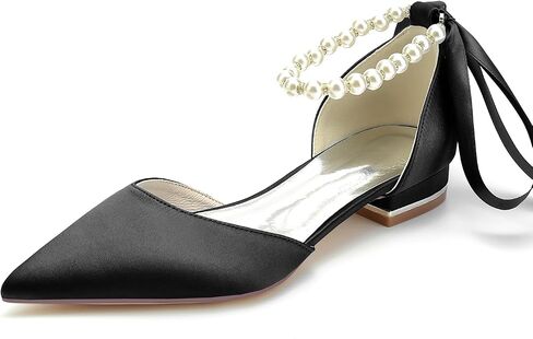 Women's Pointed Toe Pumps Pearl Satin Wedding Shoes for Bride Flats Ankle Strap Bridal Shoes Formal Prom Party Dress Pumps Sandals in Kuwait