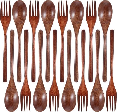 cobee Wooden Spoon and Fork for Eating,16Pcs Wood Dinner Utensil Set Handmade Reusable Kitchen Wooden Flatware Tableware Cutlery Set for Stirring Cooking Camping Party 9 Inch in Saudi Arabia