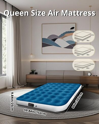 Queen Air Mattress with Built in Pump, Camping Air Bed, Inflatable Blow Up Mattress, for Home, Guests (Blue, 10" Height) in Saudi Arabia