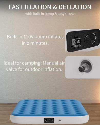 Queen Air Mattress with Built in Pump, Camping Air Bed, Inflatable Blow Up Mattress, for Home, Guests (Blue, 10" Height) in Saudi Arabia