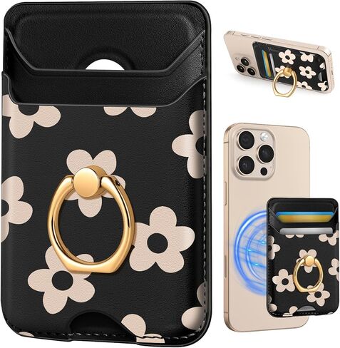 Shorogyt متوافق مع Magsafe Wallet Magnetic Card حامل - محافظ الهاتف مع Ring Stand أزياء لطيفة لأجهزة iPhone 16/15/14/13/12 للنساء للبنات تصميم الزهور الأسود ، FIT 3 بطاقات in Kuwait