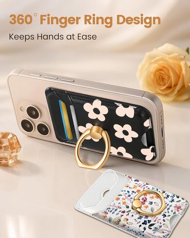 Shorogyt متوافق مع Magsafe Wallet Magnetic Card حامل - محافظ الهاتف مع Ring Stand أزياء لطيفة لأجهزة iPhone 16/15/14/13/12 للنساء للبنات تصميم الزهور الأسود ، FIT 3 بطاقات in Kuwait